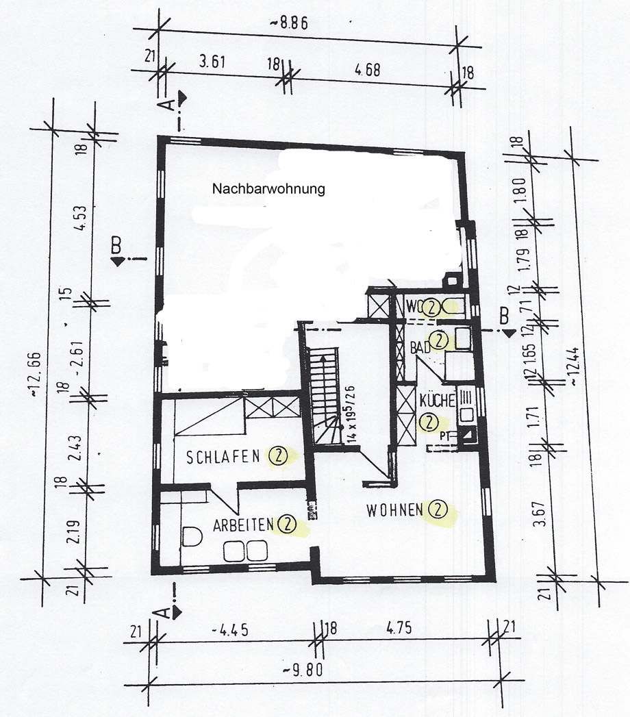 Grundriss, an 3 Seiten Fenster Etagenwohnung Esslingen