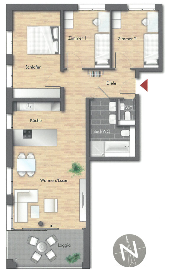 Grundriss 3. OG mit S�dwest-Balkon Etagenwohnung Esslingen-Gr�ne H�fe